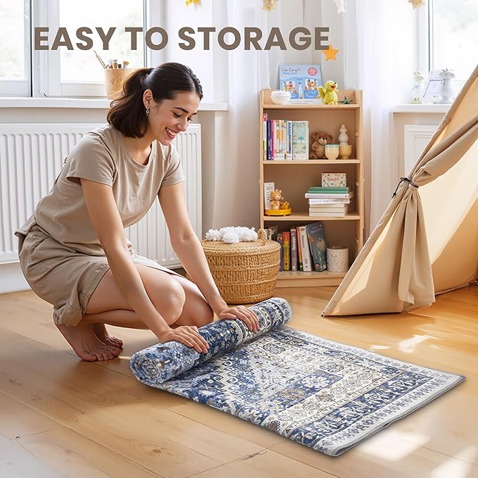 zesthome Washable Runner Rug 2.5x12 - Stain Resistant Entryway Rug,Ultra-Thin Kitchen Rugs, Anti Slip Backing Runner Rugs for Entrance Laundry Room Indoor Hallway (Blue/Beige,2.5'x12')