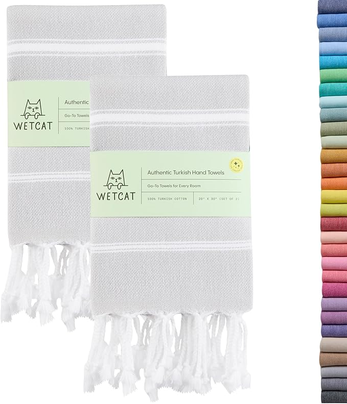 WETCAT Turkish Hand Towels with Hanging Loop, Set of 2 (20" x 30") 100% Turkish Cotton, Pre-Washed, Quick Drying, for Kitchen or Bathroom - Light Grey