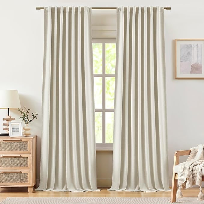 Vision Home Natural Linen Full Blackout Curtains 90 inch Long for Bedroom Living Room Darkening Soundproof Window Panels Energy Efficient Rod Pocket Back Tab Neutral Drapes 56" Wx90 Lx2
