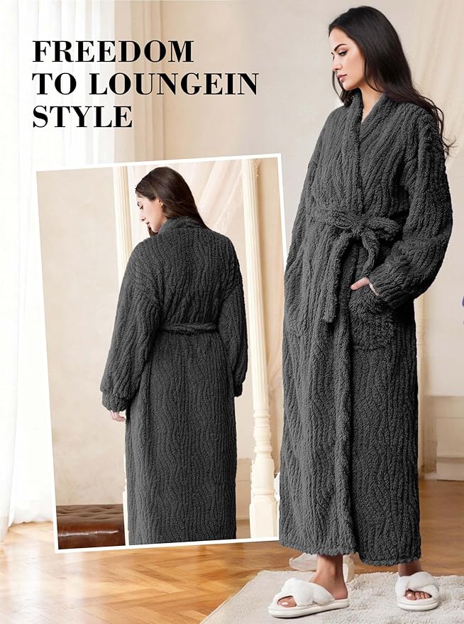 Artfasion Womens Long Fleece Robe - Warm Soft Floor Length Flannel Bathrobes for Winter Thicker Long House Coat with Pockets