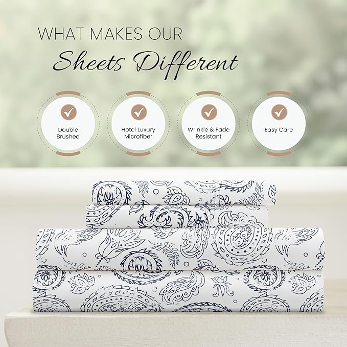 Linen Market Patterned Microfiber King Sheet Set 4 Piece – Oeko-TEX Certified Ultra Soft & Wrinkle-Free - 16" Deep Pocket Sheets - Easy Care King Size - Coarse Paisley Navy