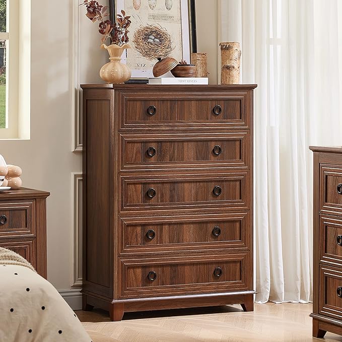 Farmhouse 5 Drawer Dresser for Bedroom, 42" Tall Small Dressers & Chest of Drawers, Rustic Wood Dresser with Metal Handle, Storage Organizer Closet for Living Room, Hallway, Entryway