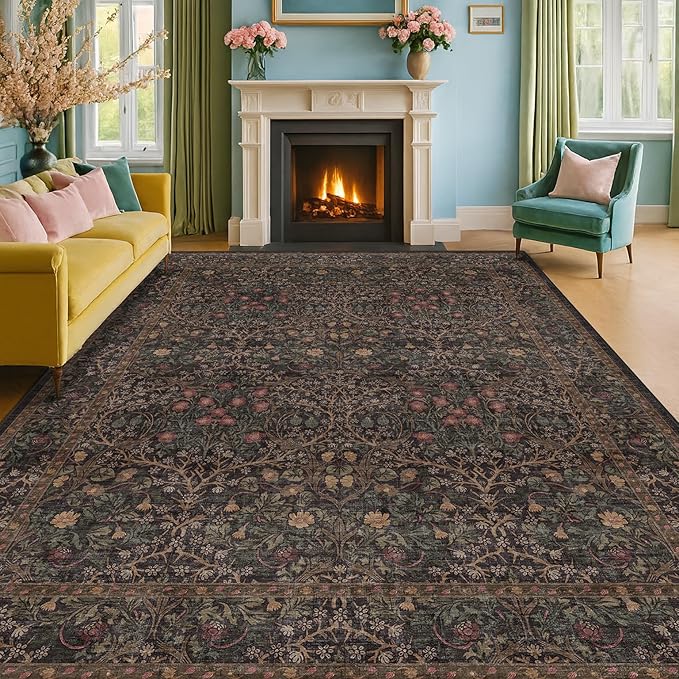 Dark Brown 10x14 Area Rugs for Living Room - Extra Large Vintage Western Unique Neutral Floral, Washable Low Pile Non-Slip Soft Thin Area Rug for Dining Under Table, Bedroom Under Bed