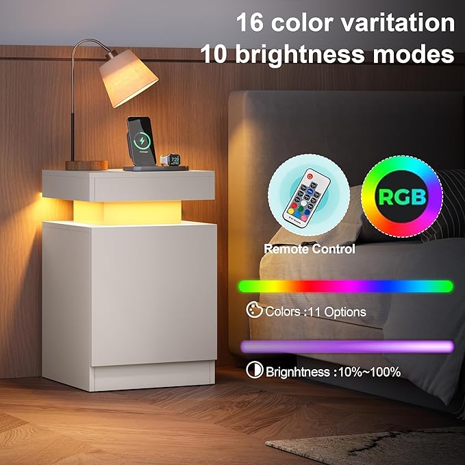 MXV Nightstand Set of 2 with LED Lights,Night Stand with Storage Cabinet for Bedroom,Bedside Table with LED (White, 15IN)