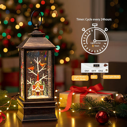10'' Christmas Snow Globe Lantern Lighted Christmas Village Church Scene Musical Water Lantern with Swirling Glittering Home Decoration and Gift, Battery Operated or USB Powered