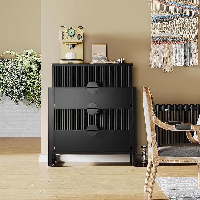 LGHM Fluted Dresser for Bedroom with 4 Drawers, Modern 4 Drawers Dressers with Semicylinder Fluted, Solid Chest of Drawers, 36" Tall Dresser with Bold Steel Frame, Metal Handles, Black