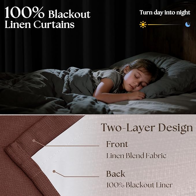 Reddish Brown Linen Blackout Pleated Curtains 90 Inches Long for Living Room Darkening Pinch Pleat 100% Black Out Drapes Thermal Insulated Soundproof Rust Brown 90 Inch Curtain for Dining Bedroom