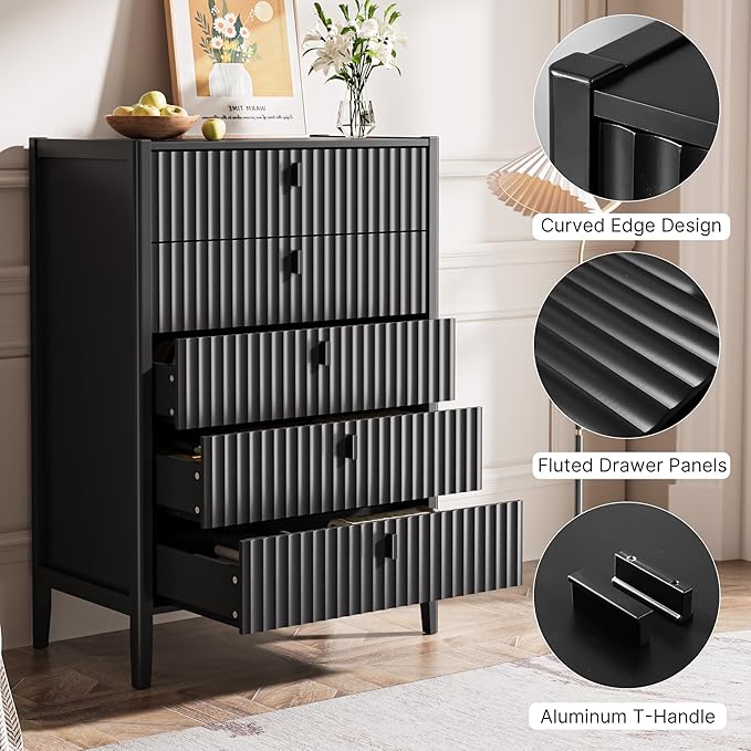 5 Drawer Dresser, Modern Chest of Drawers for Bedroom, Wood Fluted Dresser Organizer with Deep Drawers for Clothes, Nightstand for Bedroom, Hallway, Living Room, Entryway, Black