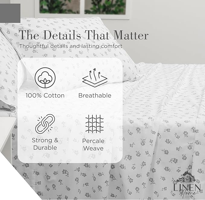 Linen Home 100% Cotton Printed Percale Sheets California King Size, Deep Pocket, 4 Pieces Set - 1 Flat, 1 Deep Pocket Fitted Sheet and 2 Pillowcases, Crisp Cool Bed Linen, Grey Silhouette Floral