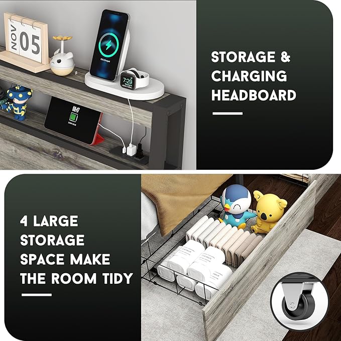 Full Size Bed Frame with 4 Storage Drawers and Headboard with Charging Station and LED Lights,2 Tier Solid Wood Headboard Storage/Noise Free/No Box Spring Needed/Remote Control/Rustic Grey