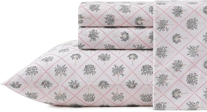 Tommy Bahama - King Size Sheet Set, Crisp & Cool Cotton Percale Bedding with a Smooth Lightweight Feel, 4 Piece Holiday Bed Sheets with Matching Pillowcases (Palm Tree Trellis Red)