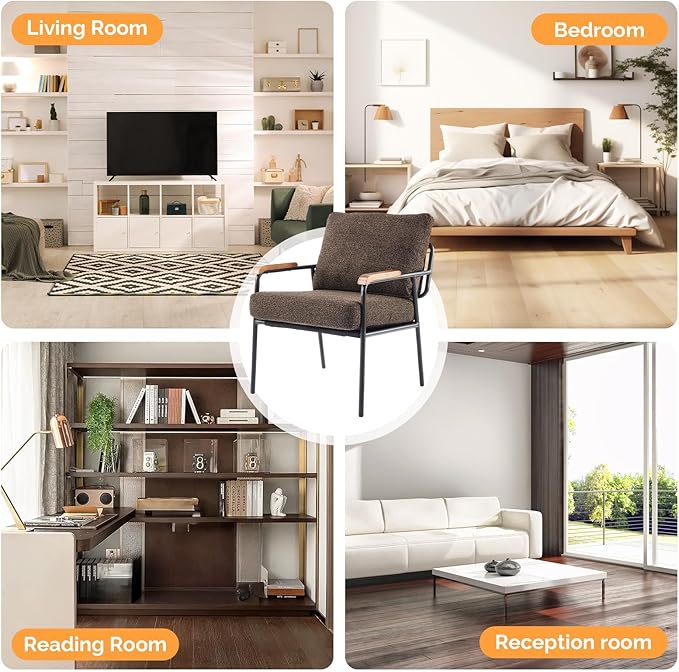VINGLI Mid-Century Modern Accent Armchiar for Small Space, Small Comfy Upholstered Leisure Reading Chair with Wood Armrest for Bedroom, Living Room, Waiting Room, Linen Expresso