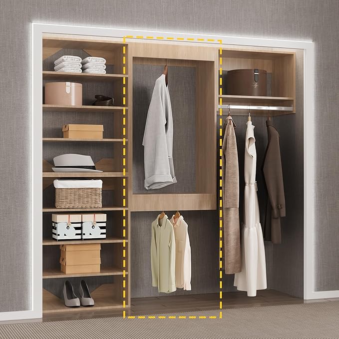 Double Hanging Closet Unit, Modular System Organizer With Storage for Walk In Closets, Clothing Rack Wardrobe for Hanging Clothes, Bedroom, Wood, 28.5"W