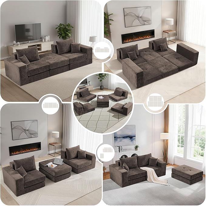 Boneless Sectional Loveseat Couch with Ottoman, Convertible Tufted Button Modular Floor Sleeper Sofa Bed, Comfy Foldable Compression Love Seat Sofa for Living Room, No Assembly, Brown