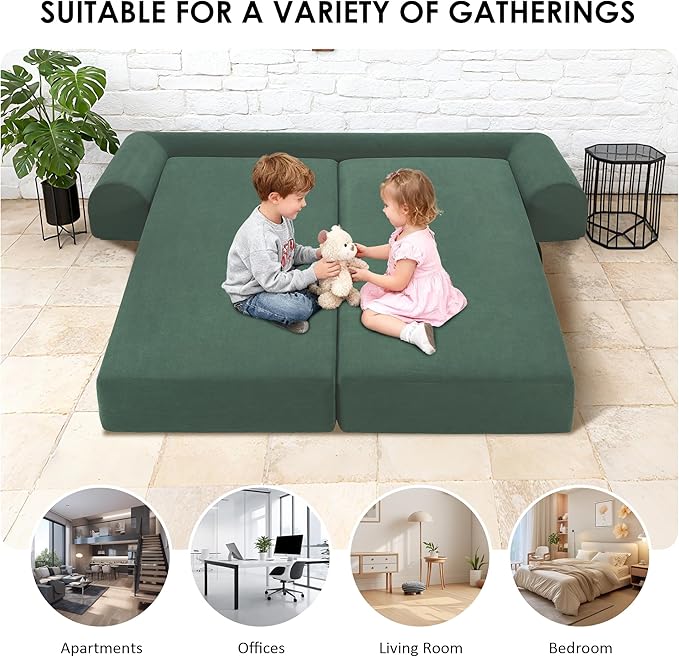 80" Convertible Sofa Bed, Corduroy Deep Seat Folding Pull Out Couch with Pillows, No Assembly Modern Boneless Couch Compression Sofa in Box, Floor Sofa with Storage Pocket for Living Room,Light Green