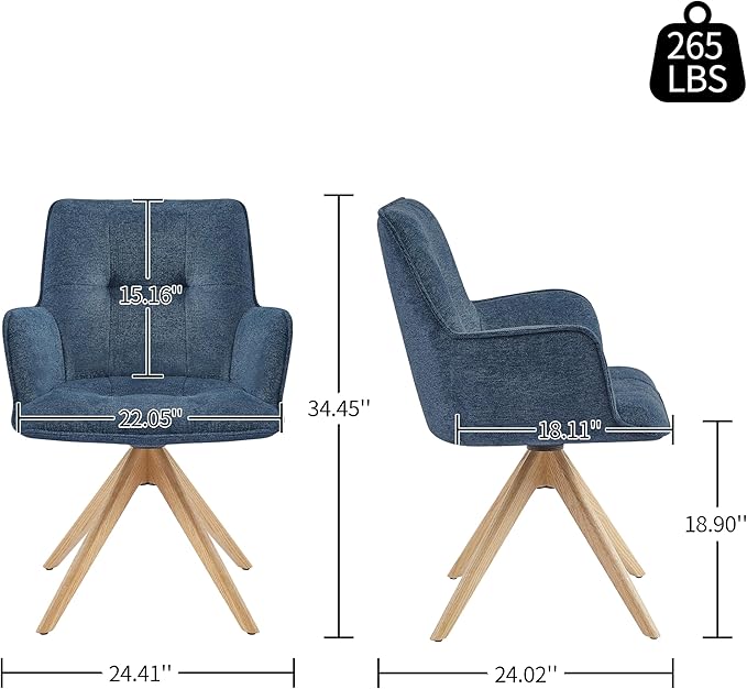 Art Leon Office Chairs Set of 2 - Mid Century Modern Desk Chair No Wheels, Fabric Upholstered Swivel Accent Chair with Oak Wood Legs, Blue
