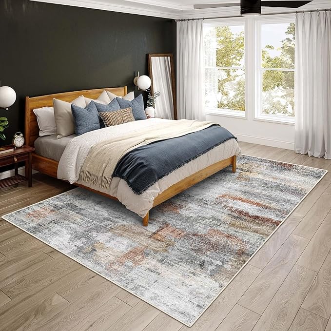 vivorug Grey 9x12 Area Rugs for Living Room, Non Slip Machine Washable Modern Abstract Rug, Ultra-Thin Lightweight Large Area Rug Carpet for Bedroom, Dining Room, Low Pile