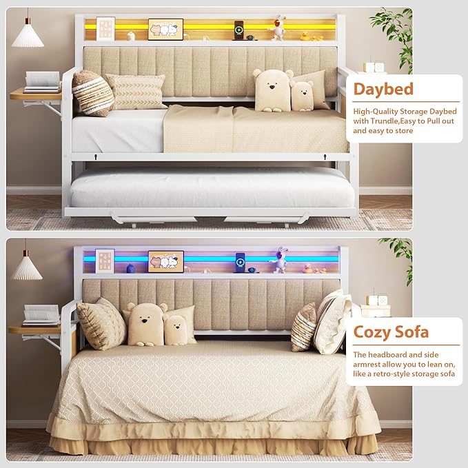 Daybed with Trundle, Twin Trundle Bed Frame - Metal Day Bed with LED Lights, Upholstered Storage Headboard & Charging Station, Pop Up Sleeper, Modern Design for Living Room and Guest Room-White