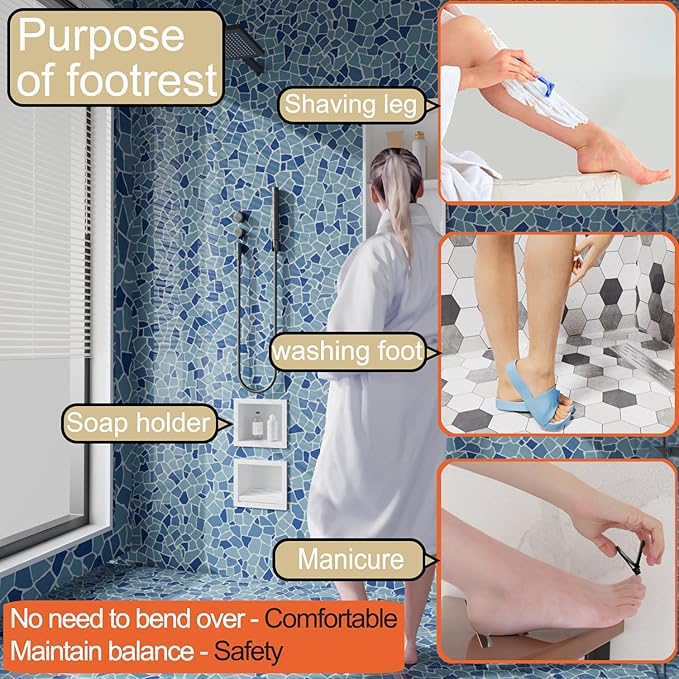 Recessed Wall Soap Holder，Foot Rest for Shower Niche,Perfect for Shaving Legs and Storage,Stainless Steel 304, Matte White, 5.9 x 4.8 x 3.9 in