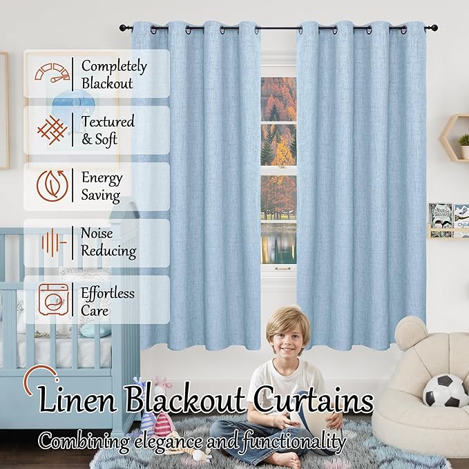 Baby Blue Linen Blackout Curtains for Nursery 63 Inch Length 2 Panels Set, Thermal Insulated Boho Total Black Out Noise Reducing Bonzer Grommets Window Curtains for Kids Bedroom, Each 60 Inch Wide