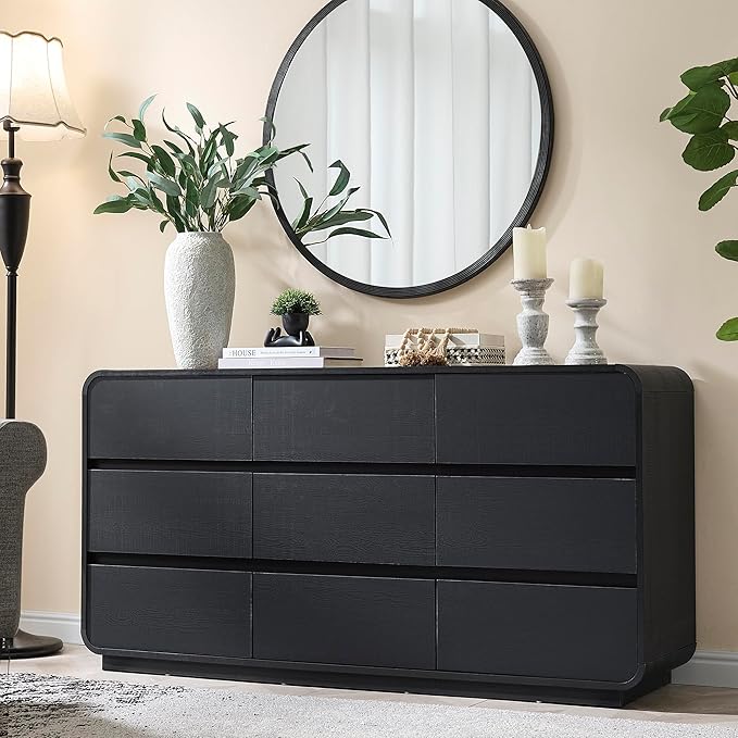 9 Dresser for Bedroom, 57" Wide Vertical Drawer Dresser with Large Storage, Wooden Drawer Closet for Bedroom, Living Room, Black
