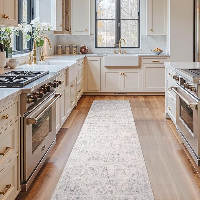 jinchan Runner Rug 2x5 Kitchen Rugs Hallway Runner - Machine Washable Vintage Floral Non-Slip, Low Pile Soft Ultra-Thin Distressed Carpet for Entryway Farmhouse Bedroom Laundry Room (2’x5’, Ivory)