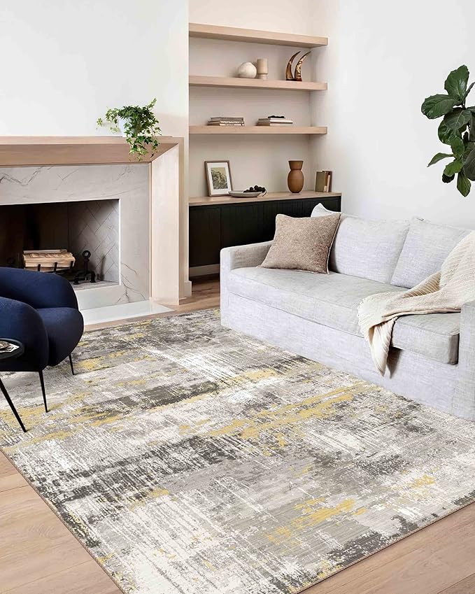 5x7 Area Rugs - Ultra-Thin Washable Rug with Non-Slip Backing, Ideal for Living Room, Bedroom, Kitchen Floor Carpet - Modern Abstract Style, Easy Clean, Durable, Low Pile Rug Yellow