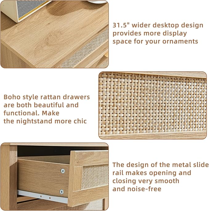 LEYAOYAO 31.5" Wide Rattan Night Stand, Large Boho Nightstand, Bedside Table with Storage, Tall Bed Side End Tables, Chest of Drawers for Bedroom, Living Room, Hallway（Natural,3 Drawers,2）