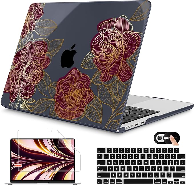 Mektron for 2025 M4 MacBook Air 13.6 Inch A3240 Case Fits 2023 A2681 M2 2024 A3113 M3 Chip with Liquid Retina Display Touch ID, Printed Plastic Hard Shell Cover for MacBook Air 13.6", Golden Rose