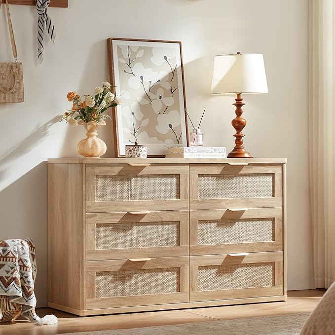 LEYAOYAO Rattan Dresser and Nightstand Sets 3 Piece, Boho Wood Dresser for Bedroom with 6 Drawers and Night Stand with Charging Station, Bedroom Furniture, Dressers & Chests of Drawers, Living Room