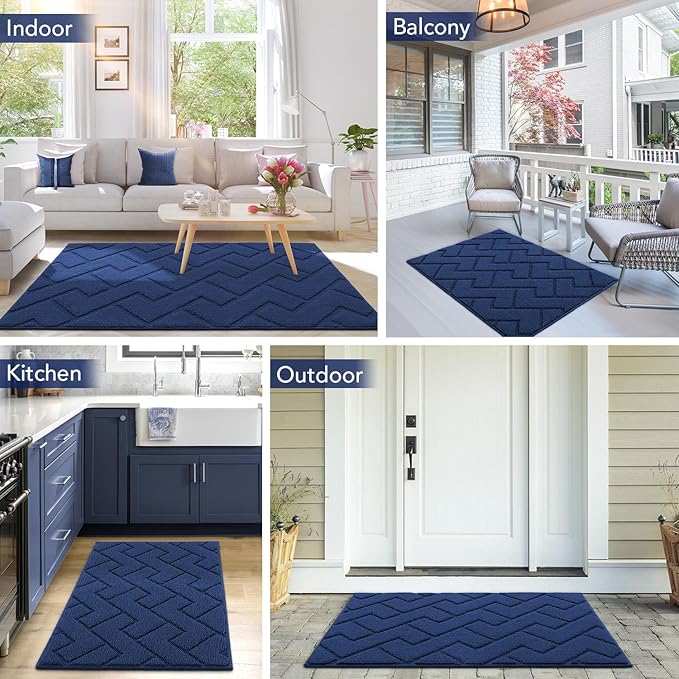 hicorfe Front Door Mat Outside Entrance,32"x40" Absorbent Muddy Dirt Resist Welcome Door Mats Outdoor Indoor,Stain and Fade Resistant,Non Slip Backing Entry Mat Doormat for Entryway(Navy Blue)