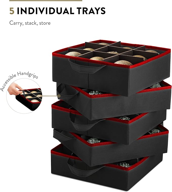 ZOBER All in One Christmas Ornament Storage Box & Decoration Container - Easy Access Removable Trays, Keeps 73 Ornaments - Adjustable Extent Area for Figurines and Pockets for Decoration - Black
