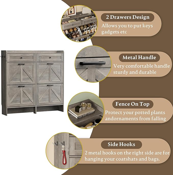 Shoe Storage Cabinet for Entryway, Farmhouse Wide Shoe Cabinet with 4 Flip Drawers and 2 Top Drawers, Freestanding Organizer with Adjustable Shelves, Hooks, and Anti-Tip Kit for Hallway