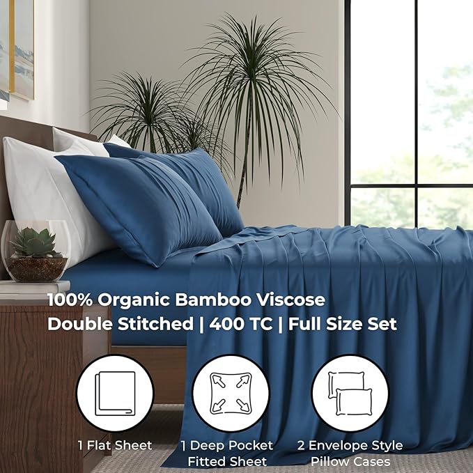 Full Size Sheet Set | 100% Viscose | Organically Grown | Ultra Soft | Cooling Sheets for Hot Sleepers | 17" Deep Pocket [Midnight Blue]