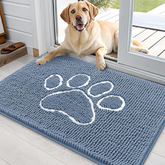 OLANLY Dog Door Mat for Muddy Paws 35x24, Paw Print Design, Absorbs Moisture and Dirt, Non-Slip Washable Doormat, Quick Dry Chenille Mud Mat, Entry Indoor Entryway Carpet, Airy Blue and White