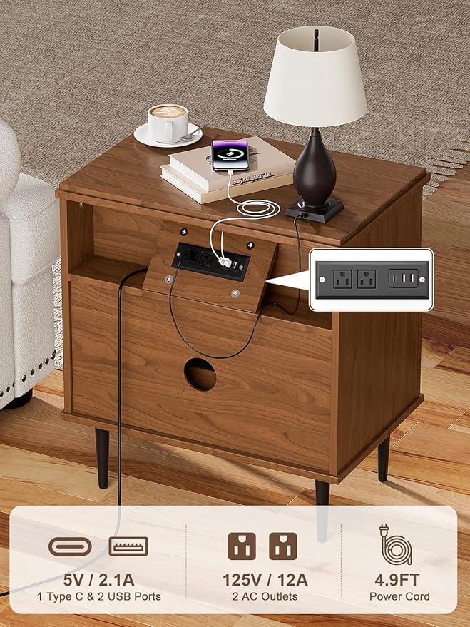 Nightstand with Charging Station, Wide Fluted Nightstand, Wood for Bedroom, Black Dresser with Storage Drawers, Bedside Table with Metal Handle & Leg (Walnut Set of 2, 23.3)