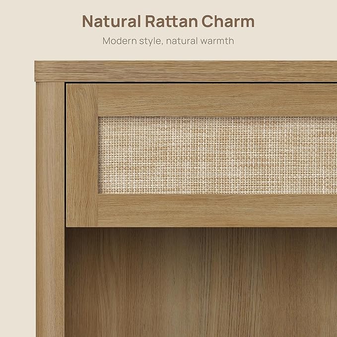 SICOTAS Night Stand 26" Wide Large Nightstands with Drawer & Shelf Storage Rattan Bedside Table Boho End Table Tall Bed Side Tables Night Stands for Bedroom Living Room Sofa Office Dorm, Amber Oak