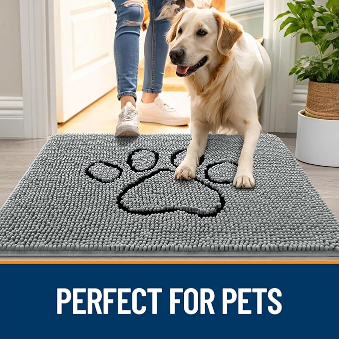 OLANLY Dog Door Mat for Muddy Paws 59x35, Paw Print Design, Absorbs Moisture and Dirt, Absorbent Non-Slip Washable Doormat, Quick Dry Chenille Mud Mat for Dogs, Entry Indoor Entryway Carpet, Grey