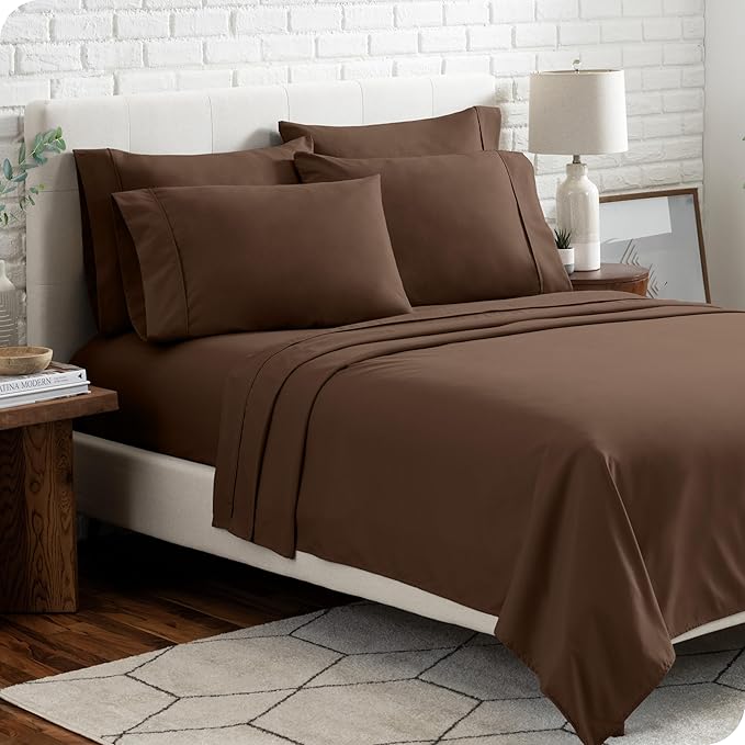 Bare Home Hotel Luxury Split King Sheet Set, Extra Soft - 7 Piece Set - Deep Pockets - Easy Fit - Cooling & Breathable - Wrinkle, Fade, Stain Resistant - Includes 4 Pillowcases (Split King, Cocoa)