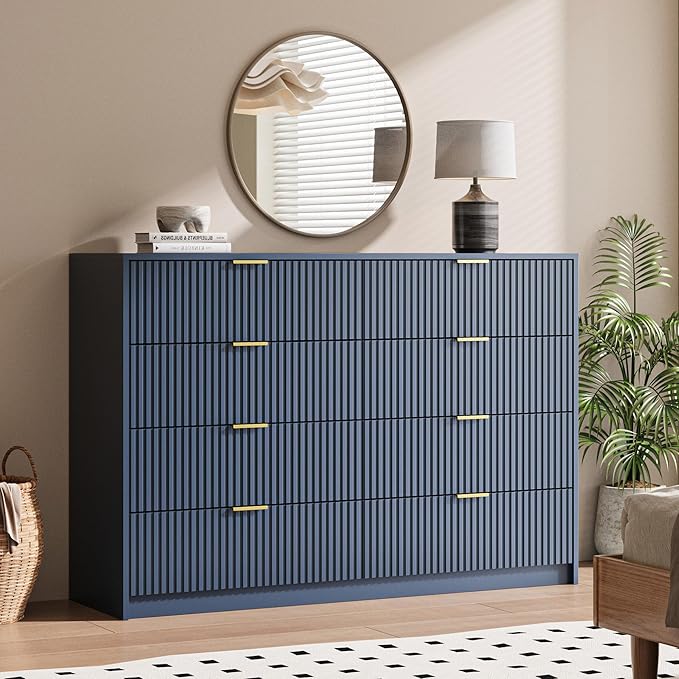 Navy Dresser for Bedroom, 8 Drawer Double Dresser, Modern Chest of Drawers for Bedroom, Living Room, Entryway and Closet, 55" L x 15.7" D x 37.4" H