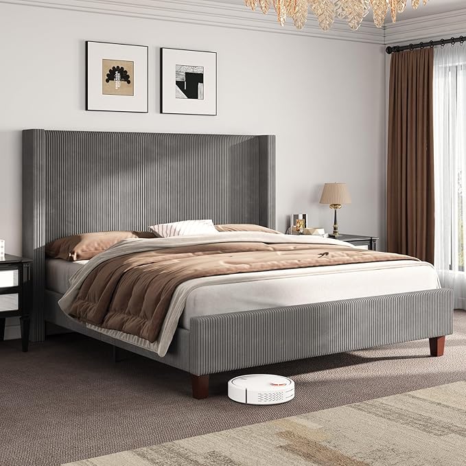 AMERLIFE King Size Upholstered Bed Frame with 50.8" Tall Headboard, Wingback Platform Bed with Solid Wood Legs, Wooden Slats, Corduroy/No Box Spring Needed/Noise Free/Greige