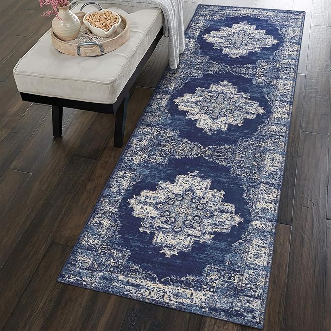 vivorug Runner Rug 2'x7' Machine Washable Non-Slip Runners for Hallways Kitchen Entryway Laundry Room Vintage-Inspired Carpet Hallway Runner Navy Blue