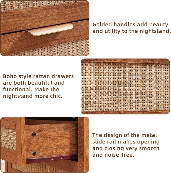 LEYAOYAO 31.5" Wide Rattan Night Stand, Oversized Large Boho Nightstand with 2 Drawer, Tea Brown Bed Side End Tables with Storage Shelf, Tall Bedside Table for Bedroom Living Room, Hallway