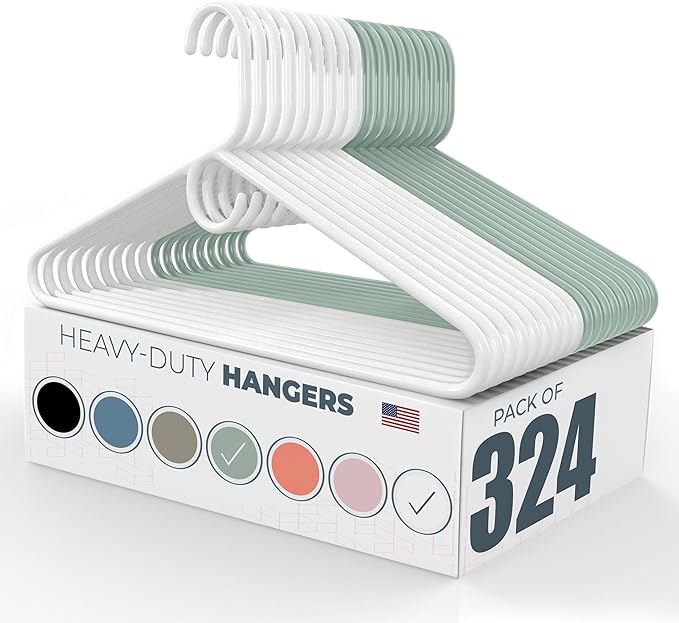 Neaties Heavy Duty Clothes Hangers 100+ Pack (324 Count) – Made in The USA – 8lb Capacity Plastic Hangers for Adult Clothing – Durable for Pants, Coats, Jackets, or Jeans – White & Mint
