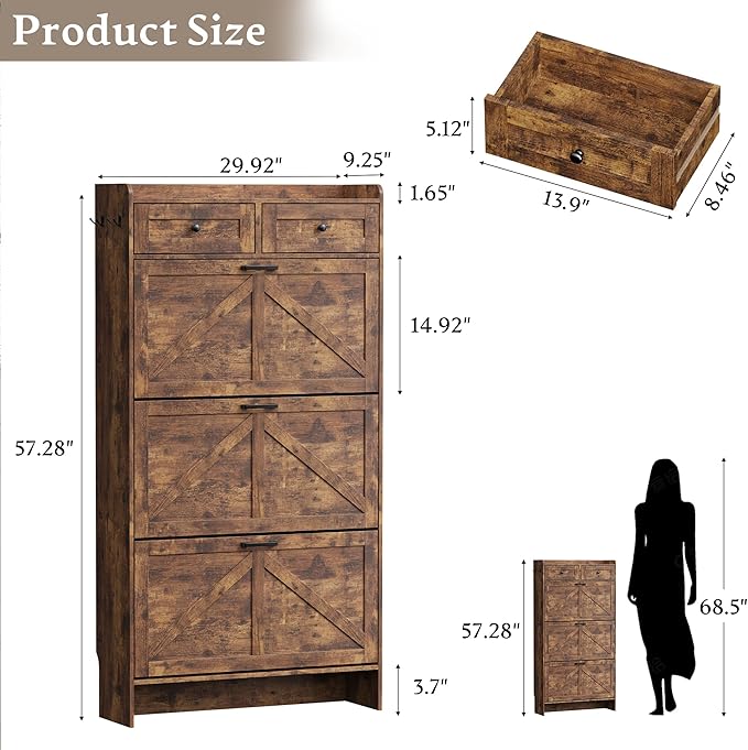 Shoe Storage Cabinet for Entryway, Farmhouse Narrow Shoe Cabinet with 3 Flip Drawers & 2 Top Drawers, Adjustable Shelves & Hooks, Freestanding Hidden Rack Organizer for Hallway, Foyer