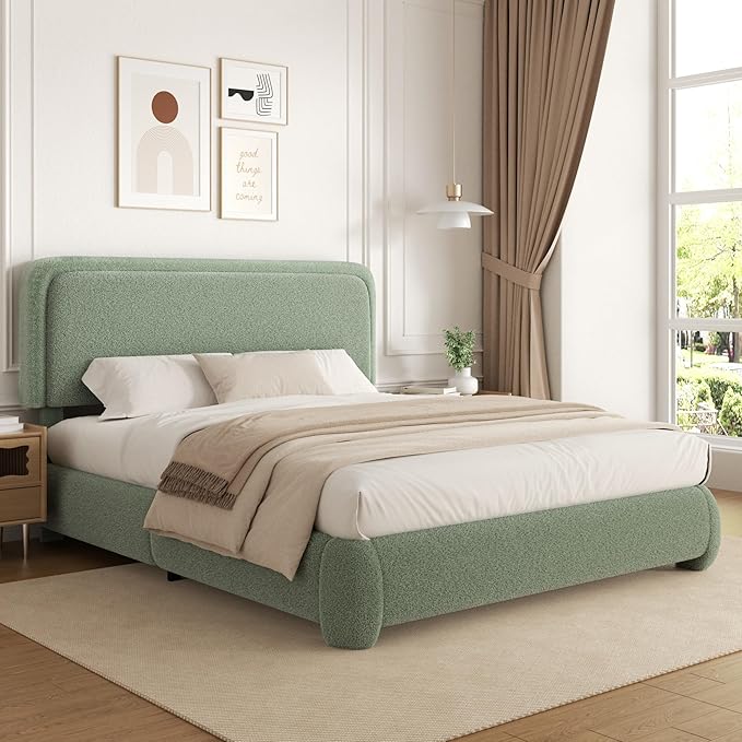 Full Size Platform Bed Frame with Headboard, Boucle Upholstered Desige, Anti-Collision Corners, Soft Rounded Corners, No Box Spring Required, Easy Assembly, Noise Free