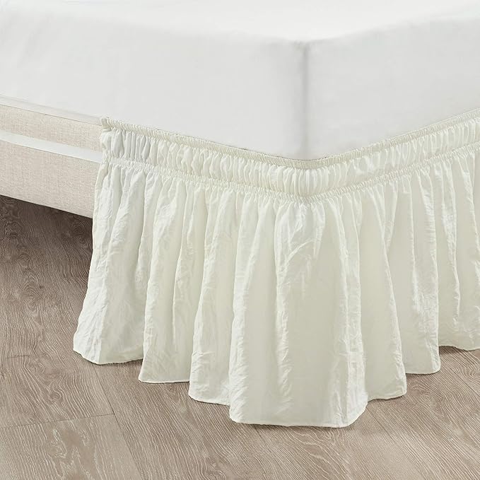 Lush Decor Ruched Ruffle Elastic Easy Wrap Around Bed Skirt Single Twin/Twin XL/Full Ivory - Twin Bed Skirt - Dust Ruffle - Cream Bedskirts