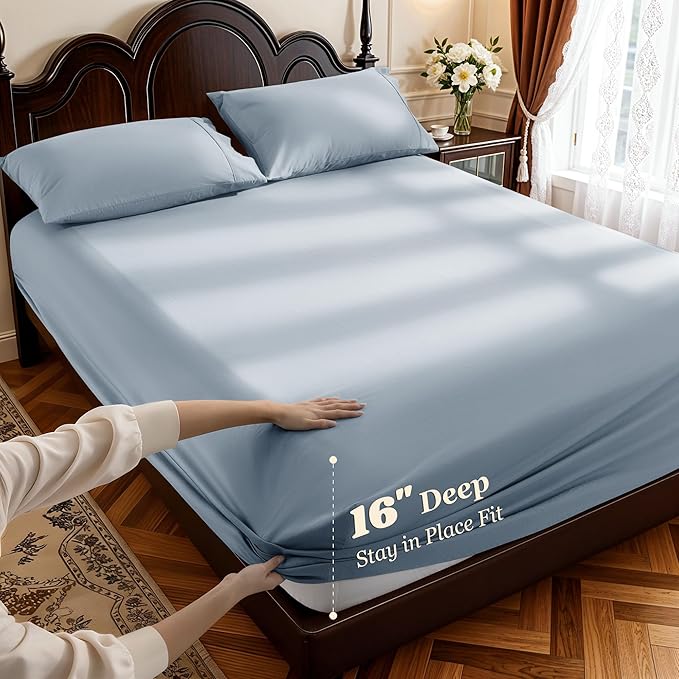 LBRO2M 1000 Thread Count 100% Egyptian Cotton Sheets Set Full Size, 4 Piece Sets Bed Sheet Deep Pocket Sheet Set 16" Soft Comfortable All Season (Full, French Blue)