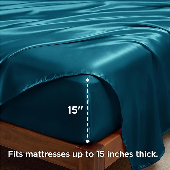 Bedsure Satin Sheets Queen Size - 4 Piece Silky Bedsheets with 15 Inches Deep Pocket Fitted Bedsheet,1 Flat Sheet, 2 Satin Pillowcases, Good for Hair & Skin (Queen, Teal)