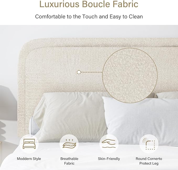 BarnFurin Boucle Upholstered Bed Frame King Size/Cloud Bed Frame/Soft Rounded Corners Headboard/Low Profile/No Box Spring Needed/Cream